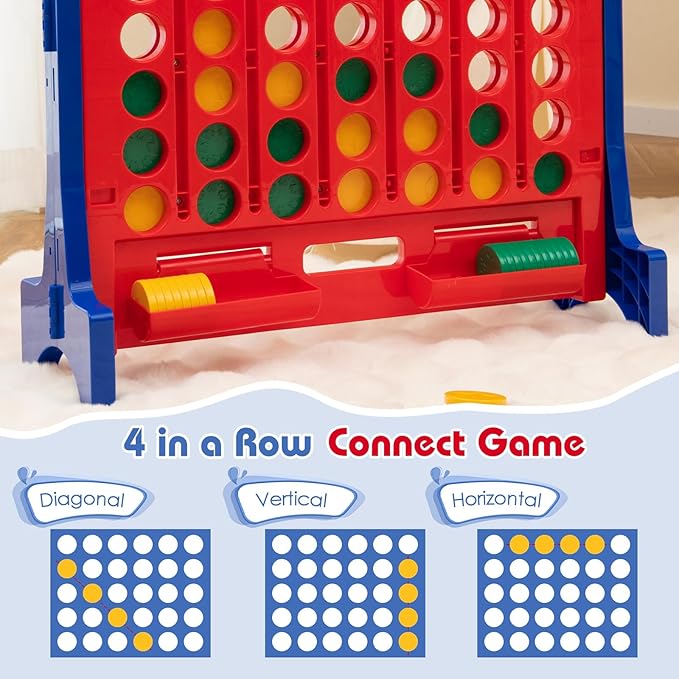 COSTWAY Giant 4 in a Row Game with Storage Carry Bag, Jumbo 4-to-Score Game w Chess, Quick Release Slider for Kids Adults, Indoor Outdoor Backyard Connect Game Set (Blue&Red)