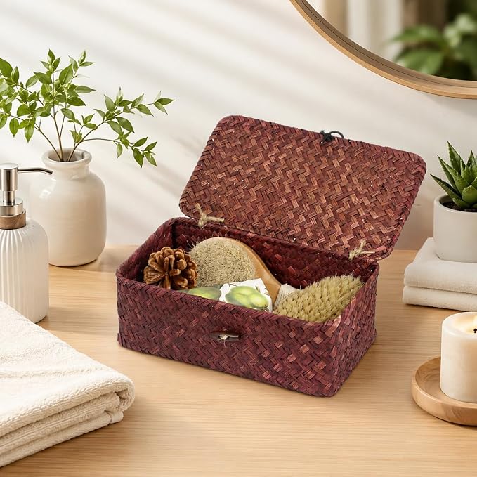 Seagrass Wicker Storage Basket with Lid, Small, Red | 9.05 x 5.11 x 3.34 Inch Box, Shelf Organizer, Rectangular Woven Bin, Small Item Storage, Decorative Color
