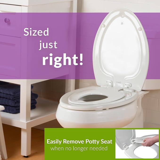 Mayfair NextStep2 Toilet Seat with Built-In Toddler Potty Training Seat, Slow Close, Easy Clean, Magnetic Removable Kids Seat, ROUND, Bone