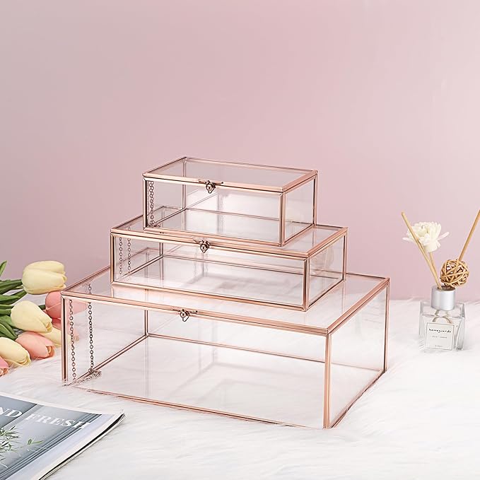 Hipiwe Glass Keepsakes Display Box Jewelry Organizer Box with Lid Decorative Glass Box Clear Rectangle Storage Box for Trinket Perfume Collection Gift for Birthday Anniversaries,Rose Gold Large