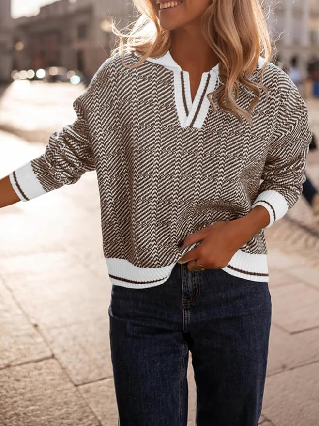 Saodimallsu Womens Fall Sweaters Tops Lapel V Neck Knit Color Block Shirt | Winter,Long Sleeve,Casual,Soft,Pullover,Cozy,Ribbed,Ladies,Chunky,Warm Sweaters,Checkered,Tunic,Work