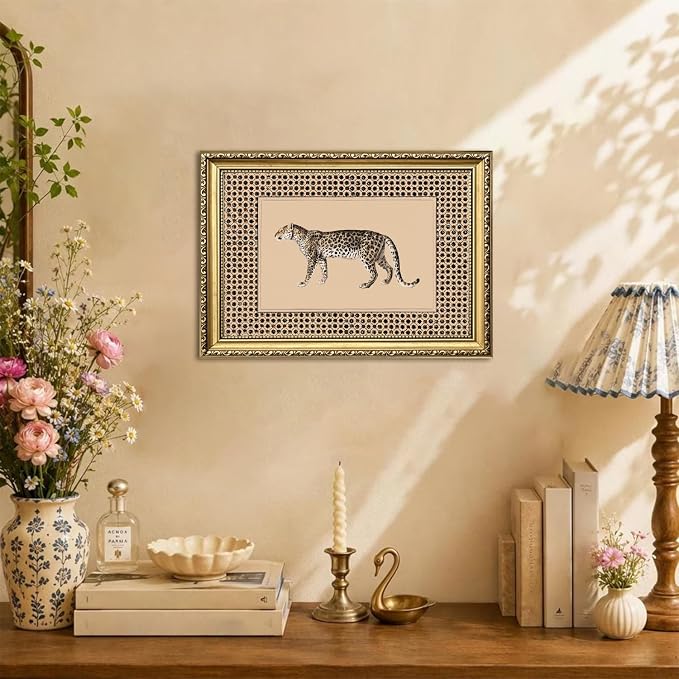 Vintage Leopard Wall Art Cheetah Safari Wall Decor Paintings, Wildlife Animal Poster Canvas Prints Aesthetic for Living Room Bedroom 16x24 inch Gold Framed