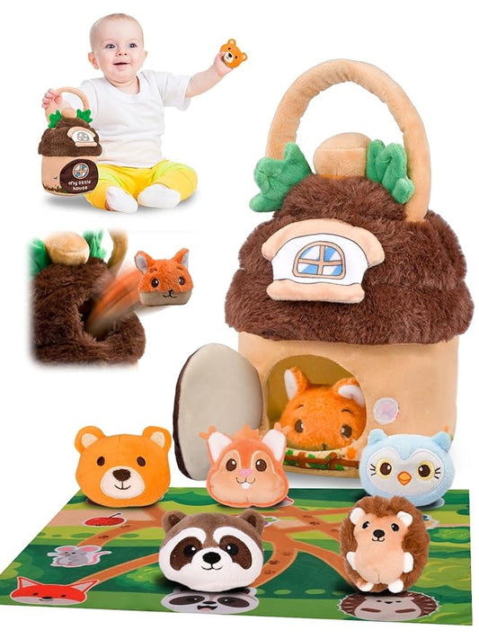 Baby Toys 6-12 Months Forest Farm Animal Stuffed House Set with Map Hazelnut Stuffed Farm Animals Rattle Squeaker Montessori Toys for Babies Sensory Infant Toy Toddler Gift 1-3 Year Old