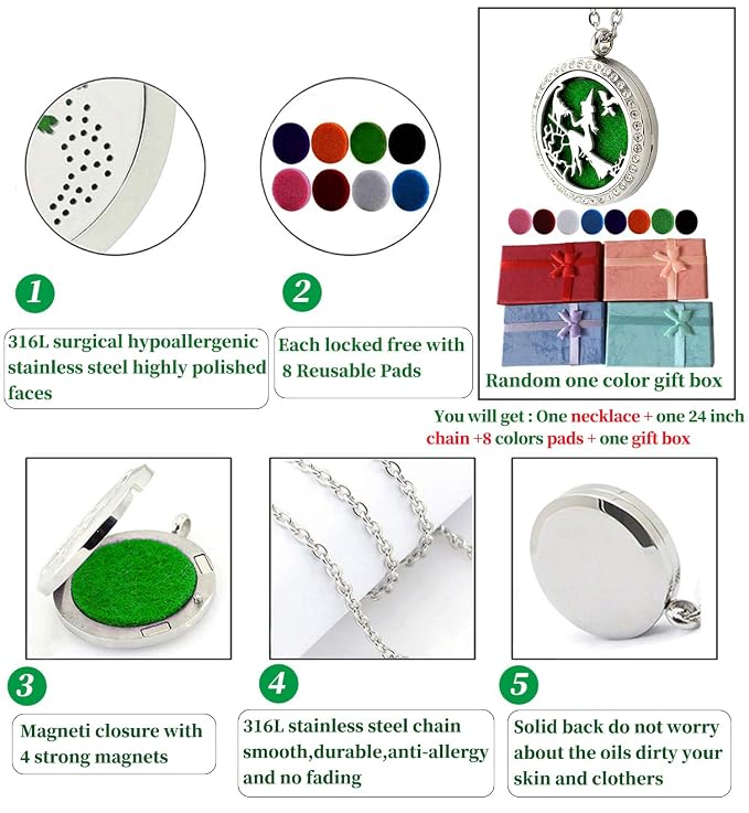 Essential Oil Diffuser Necklace for Birthday Christmas- Aromatherapy Crystal Jewelry Stainless Steel Halloween Magic Witch Locket Pendant with 24'' Chain 8 Washable Refill Pads Gift