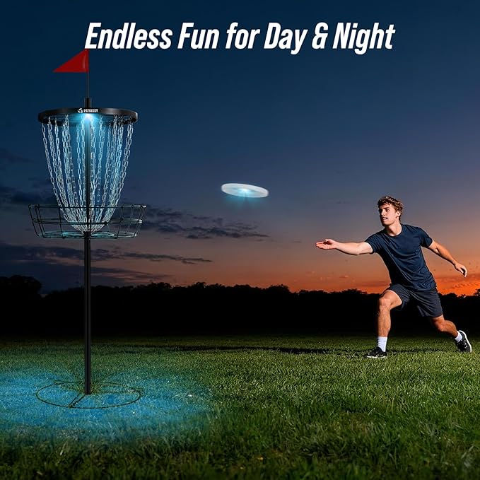 Disc Golf Basket with 24/12 Heavy Duty Chains, Disc Golf Target with Adjustable Height/Sound Reducer & Remote LED Light & Light Up Discs, Durable Practice Goal with Ground Stake for Backyard