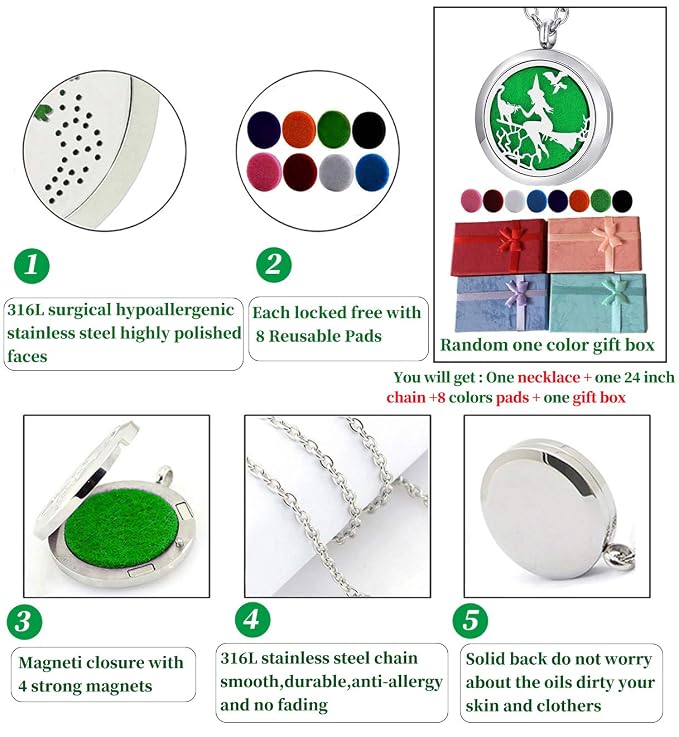 Essential Oil Diffuser Necklace - Aromatherapy Jewelry Halloween Stainless Steel Magic Witch Locket Pendant with 24 Inches Chain + 8 Washable Refill Pads Birthday