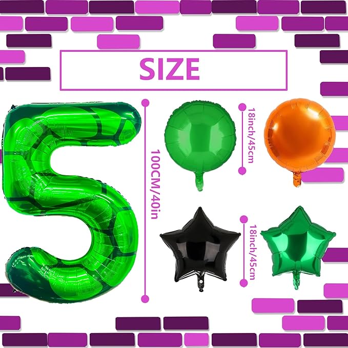 5Pcs Cartoon Turtle Theme Birthday Decorations 40 Inch Number 5 Foil Balloons Super Green Turtle Themed Hero Large Mylar 5th Number Balloon Video Game Pizza Balloons Party Favors Orange