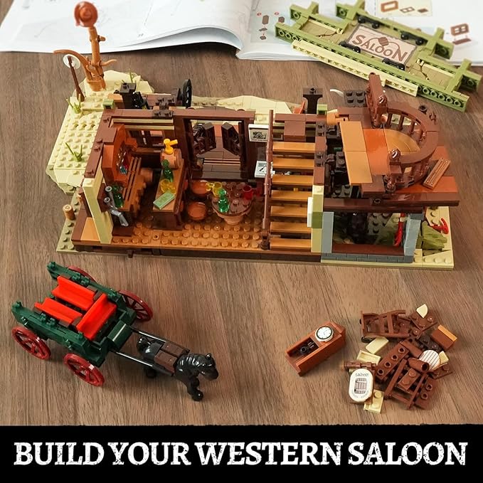 Western Saloon Building Set with LED Light, Wild West Building Block Toy 1727 PCS, Old West Construction Model with Horse Stable Carriage Cowboy Hat, House Building Kit for Adults Teens 12+