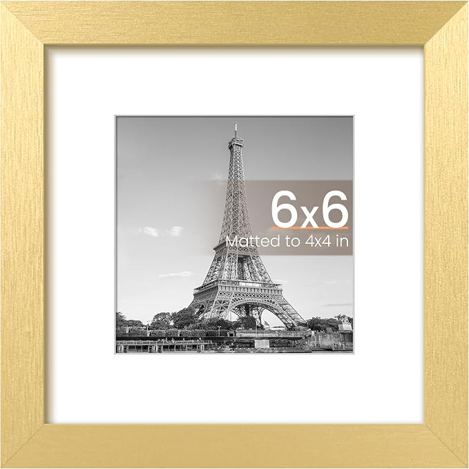 upsimples 6x6 Picture Frame, Display Pictures 4x4 with Mat or 6 x 6 Without, Wall Hanging Square Frames, Gold, 1 Pack