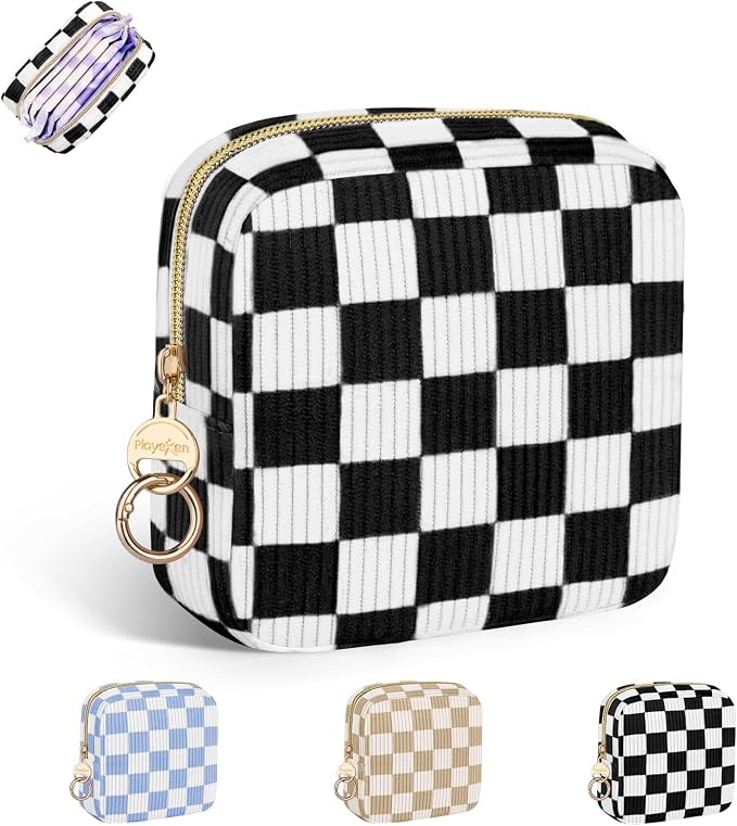 Checkered Period Bag for Teen Girls, Corduroy Sanitary Napkin Storage Bag with Ring Buckle, Cute Menstrual Pad Pouch Tampon Holder for Purse (Checkered-Black)