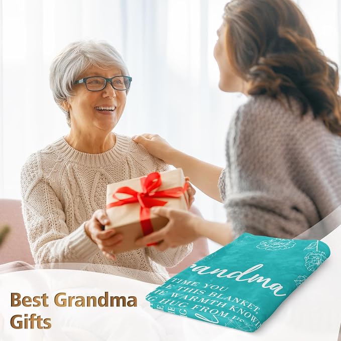 GiltGlimmer Grandma Gifts, Grandma Floral Blanket 50" x 60", Teal | Birthday Gifts for Grandma from Grandkids, to My Grandmother Soft Flannel Throw Blanket for Christmas Mothers Day