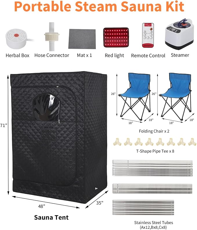 Garvee 2 Person Infrared Sauna, Portable Sauna for Home with 2 Steamer, 2 Folding Chair, Remote Control, 9 Temp Levels & 99 Min Timer, 35" x 48" x 71", Black