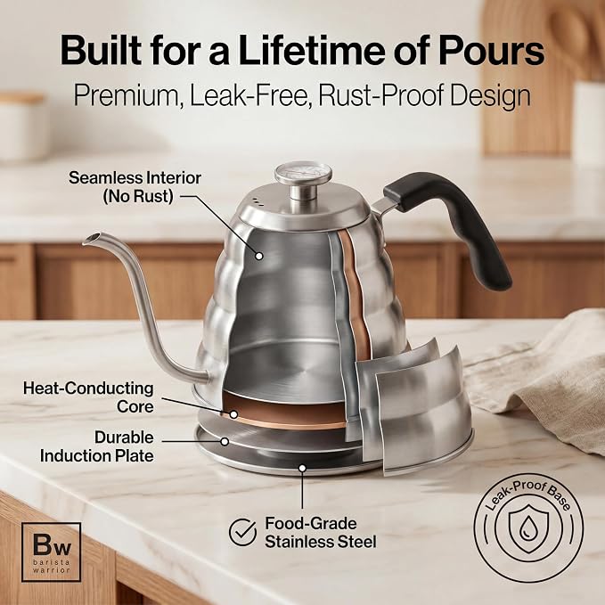 Barista Warrior Gooseneck Kettle with Thermometer - 1.2L Pour Over Coffee & Tea Kettle, 18/8 Stainless Steel Gooseneck Kettle Pot, Precision Pour Drip Spout, Suitable for All-Stoves (40 fl oz)