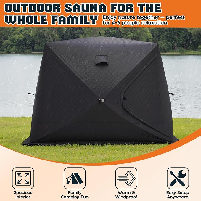 Albott Outdoor Sauna Tent with Wood Burning Stove, 4-6 Person Portable Sauna Tent, 8.2 x 8.2 x 6.7 FT, 3-Layer Thermal Oxford Fabric, Pop-Up Setup, Open-View Windows, Ground Nails & Wind Ropes, Grey