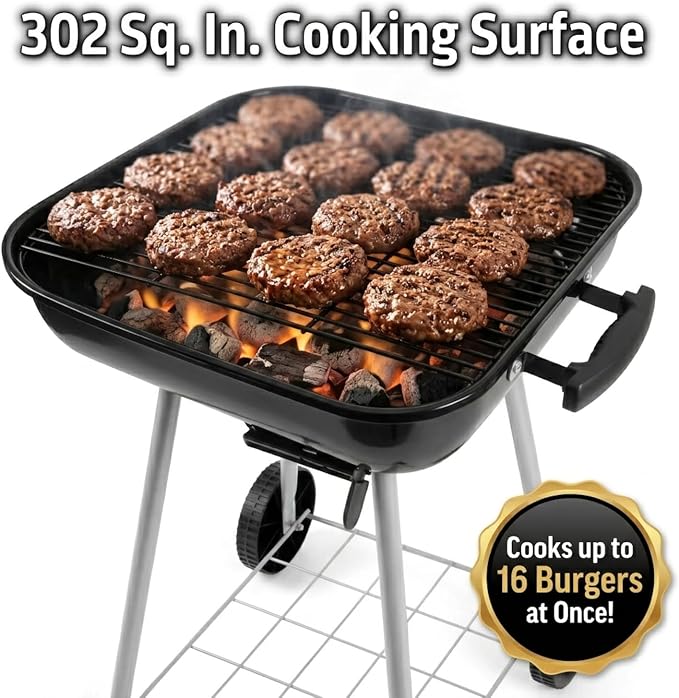 17.5 Inch Square Charcoal Grill with Wheels, Portable Outdoor BBQ Kettle Grill for Patio and Backyard Cooking, Porcelain-Coated Steel Grates and Adjustable Dampers, 302 Sq In Cooking Area, Black