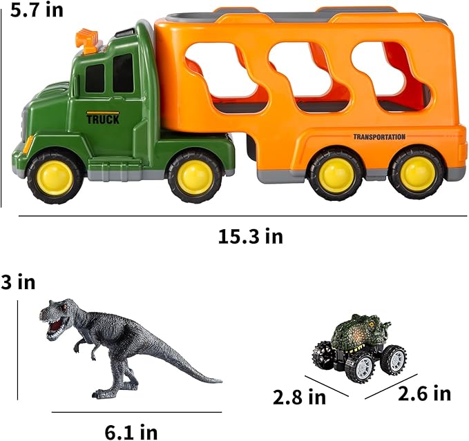 TEMI Dinosaurs Truck Toys for Boys Kids 3-5 Years, Transport Car with 3 Dinosaur Figures and 3 Monster Cars, Friction Powered Toy Vehicle in Carrier with Light and Sound, Toddler Play Gifts Set