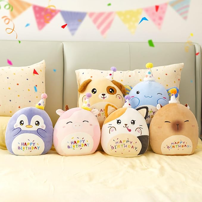 12” Birthday Cat Plush Pillow, Cat Stuffed Animal, Kawaii Plushie Soft Plush Toy Birthday Decor Gift for Kids Toddlers Girls Boys