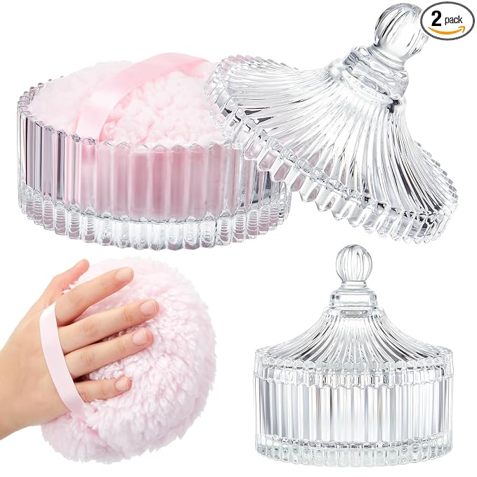 Tioncy 2 Pcs Extra Large Dusting Powder Puff and Container for Women-6'' Glass Crystal Dusting Powder Container with Body Soft Washable Reusable Velour Face(Clear,Classic)