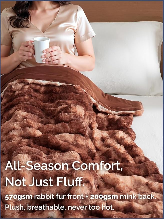 3D Fleece Bubble Blanket Twin - Rabbit Blanket - 60" x 80", Marble Brown | Soft Fluffy Faux Fur Blanket for Couch Sofa & Chair, Cozy Gifts for Women, Tie Dye Cloud Throw Bed Cover, Thick Plush Bedding