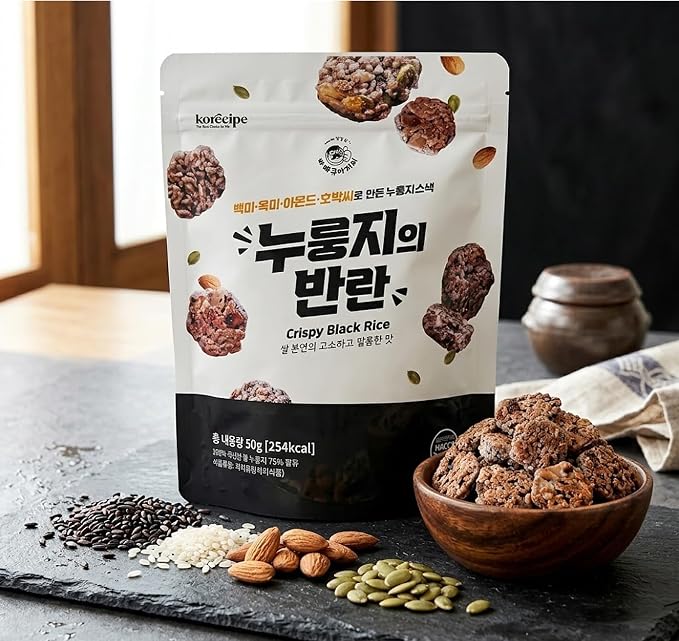 BBASA-KHAN Korean Nurungji Rice Snack, Crisp Rice Bites with Nuts, Ready to Eat, Travel Snack or Light Dessert, Casual Sharing, 1.76 oz (50g), 3 Pack