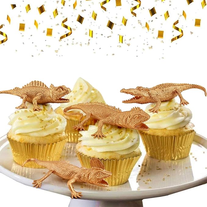 Golden Lizard Cake Topper Crocodile Toy Set for 4PCS Gold Alligator Cupcake Decorations Chameleon Cake Decorations for Boys 4 Inch for Kids Toddlers Birthday Gift