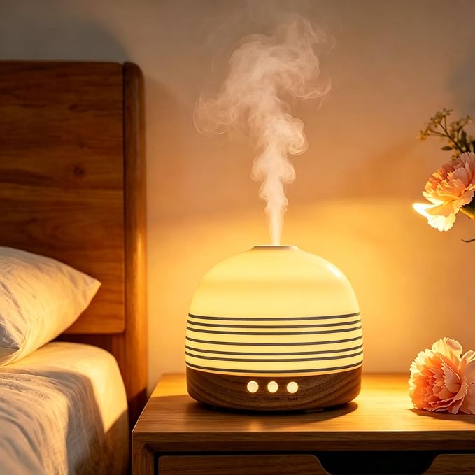 300ML Essential Oil Diffuser, Handcrafted Ceramic Aromatherapy Diffusers for Large Home with Cool Mist Humidifier & Night Light for Bedroom, Office, Yoga, Spa Women Gifts,Blue Stripe
