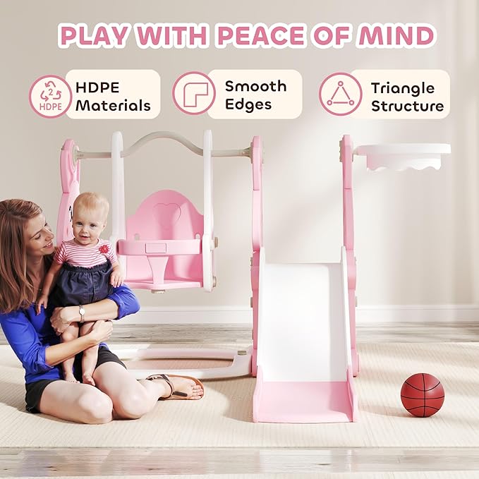 Qaba 4 in 1 Toddler Slide and Swing Set, Kids Playset for Ages 1.5-4, Rabbit Themed Children Slide Playground with Climber, Basket Hoop, for Indoor Outdoor Backyard, Pink