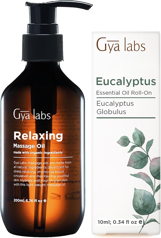 Relaxing Massage Oil (200ml) & Eucalyptus Roll On (10ml) Set - Aromatherapy Grade Essential Oils Set - Gya Labs