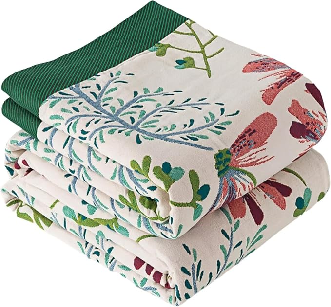 Boho Throw Blanket for Bed 100% Cotton Bohemian Blankets Ultra Soft Woven Muslin Decorative Blankets All Seasons Vintage Quilt Knitted Blanket for Sofa Chair(Green, 80"x90")