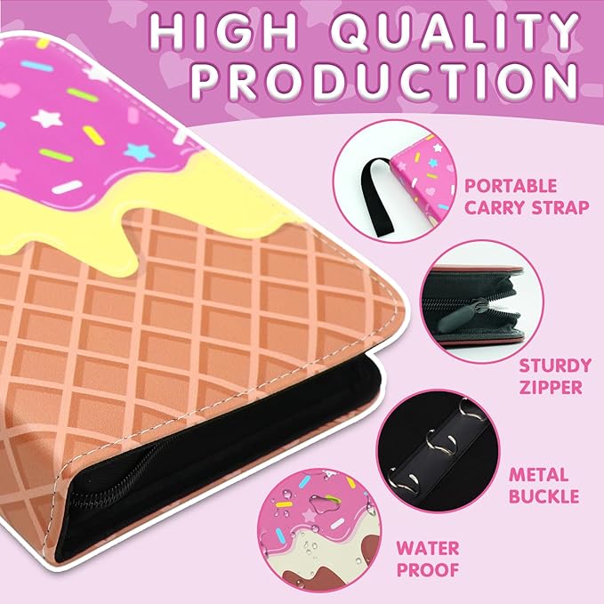 Cute Ice Cream Cake Card Binder, 400 Pocket Card Album for Girls Gifts, Ice Cream Donut Trading Game Card Holder Album for Standard Size Cards, Collectible Game Collection Case (Purple)