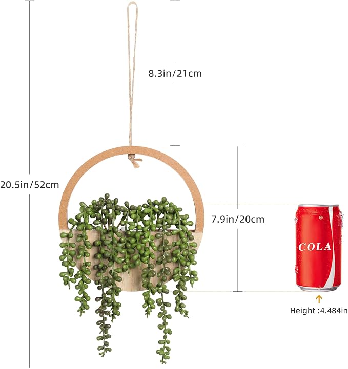 2pcs Artificial Succulents Hanging Plants 12.2'' Fake String of Pearls in Pot with 8.3'' Lanyard for Indoor Outdoor Wall Decor（Wood Color）.