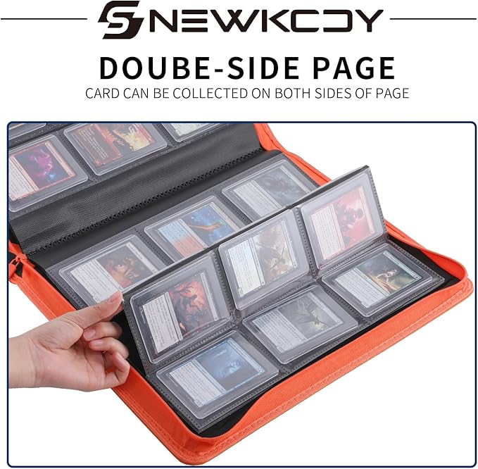 Snekdy Top loader Binder, 9 Pockets Top Loader，Holds 360 Top Loaders cards, Card binder with Sleeves for card in 3 x 4 inches color smooth Zipper PU Leather (Orange)