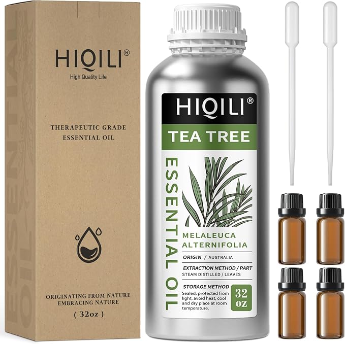 HIQILI Tea Tree Oil for Skin, Hair, Nail, Diffuser, Soap Making | Includes Four Portable Decanters - 1000mL / 32 fl.oz