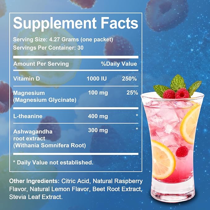 Calm Cortisol Reducer Powdered Drink Mix, Cortisol Reducer and Sleep Aid Supplement with Magnesium Glycinate, Ashwagandha, L-Theanine, Vitamin D 3 for Sleep & Relaxation, 30 Ct (Raspberry Lemonade)