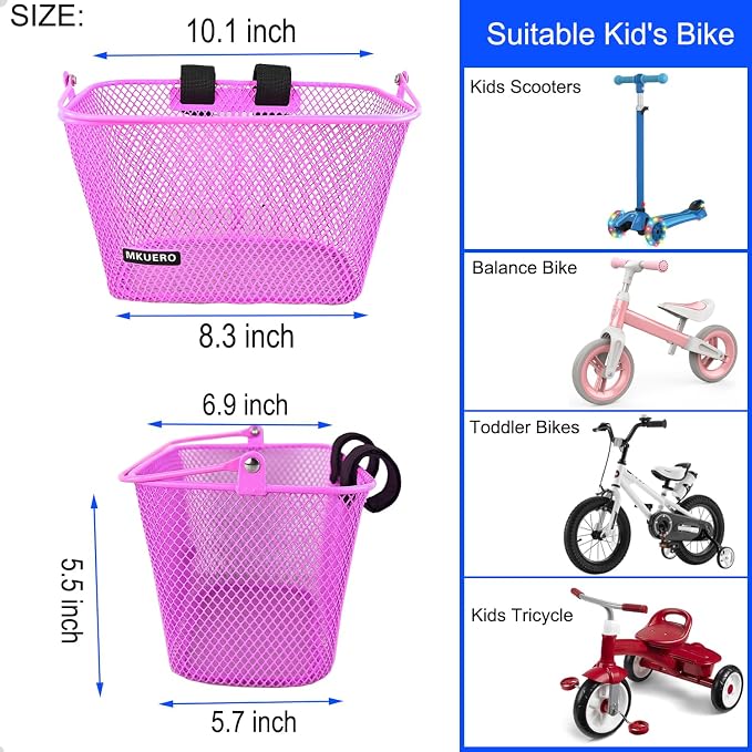 Kids Bike Basket - Front Bicycle Basket for Children, Metal, Cute Decorative Accessory for Kids Bikes & Scooters