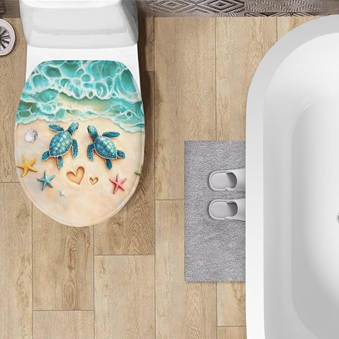 Sea Turtle Toilet Seat Lid Covers for Bathroom Toilet Bowl Cover Lid with Elastic Green Sea Turtle Universal Fit Elongated Oval Round Lid Bottom Soft Bathroom Replacement