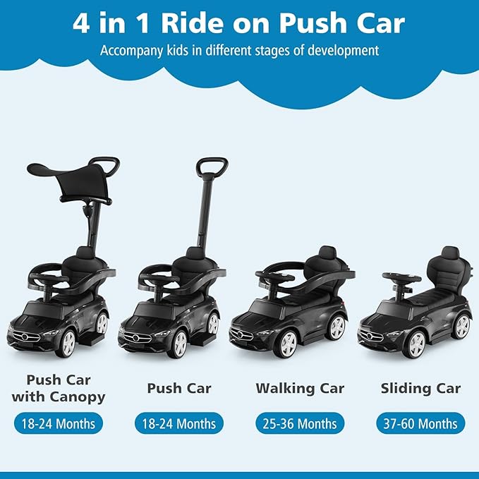 Licensed Mercedes Benz Push Car for Toddlers by INFANS, 3 in 1 Sliding Walking Car with Push Handle, Horn, Music, Underneath Storage, Foot-to-Floor Ride on Toys for Boys Girls, Black