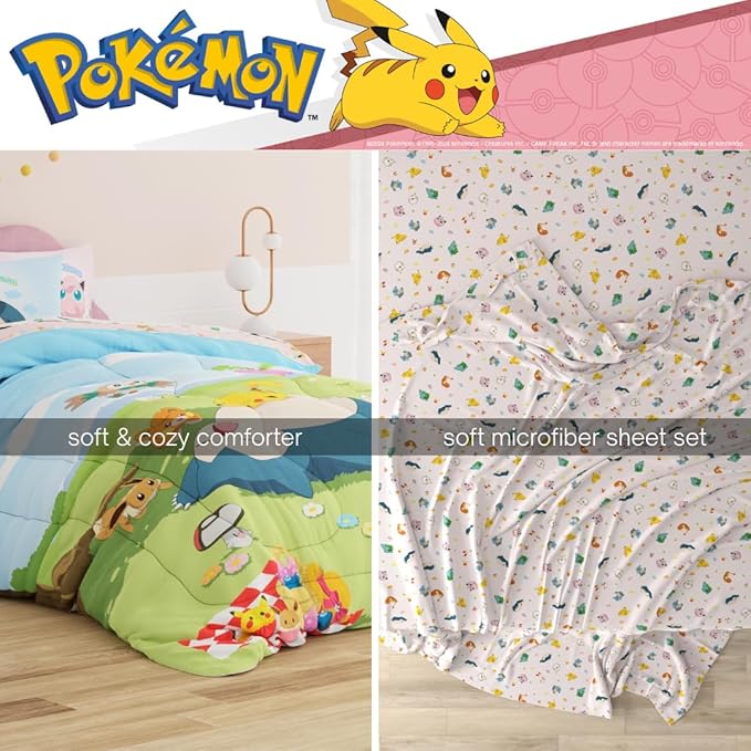 Pokemon Bedding Super Soft Comforter and Sheet Set with Sham, 5 Piece Full Size, Featuring Snorlax, Pikachu, Eevee & Jigglypuff (Officially Licensed Product) by Franco
