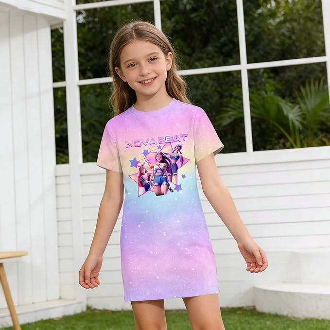 Girl's Anime K-POP Graphic Long Dress T-Shirt - Casual Loose Fit Short Sleeve Top