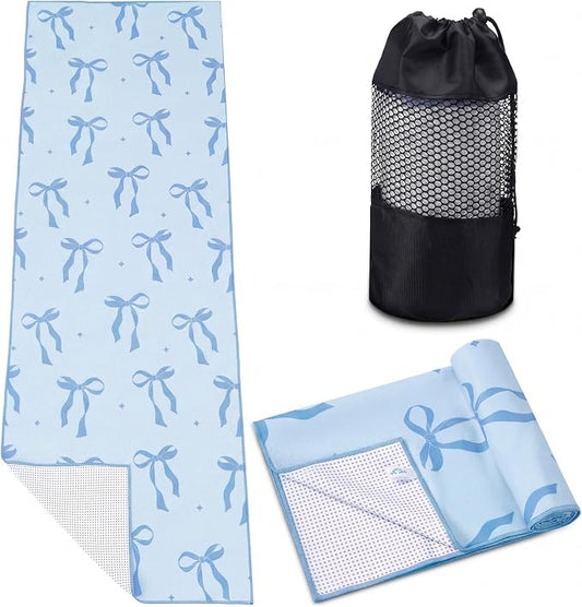 Breling Blue Bow Yoga Mat Towel with Grip Dot Preppy Coquette Bow Non Slip Ultra Absorbent Soft Microfiber Towel Without Hot Yoga Mat 72 x 24 Inch for Pilates Fitness Gym Women Birthday Gifts