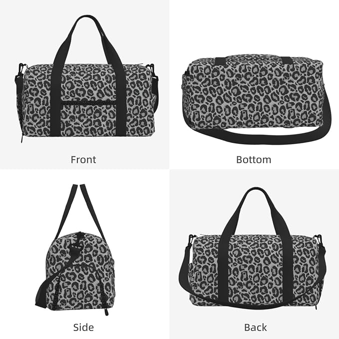 Fiokroo Sports Gym Bag Grey Leopard Pattern Travel Duffel Bag For Men Women With Shoe Compartment Water Resistant Gym Bag Carry On Duffel Bag For Weekend Traveling Yoga Gym Sports