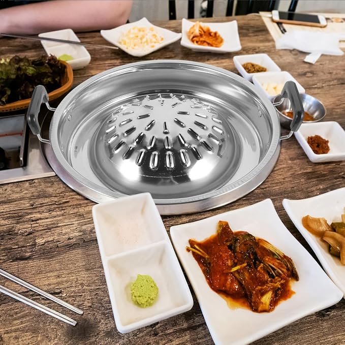 ABOOFAN Korean Bbq Grill Pan Stainless Steel Barbecue Stove Portable Round Grill Plate for Outdoor Cooking Meat Vegetables Bulgogi Tabletop