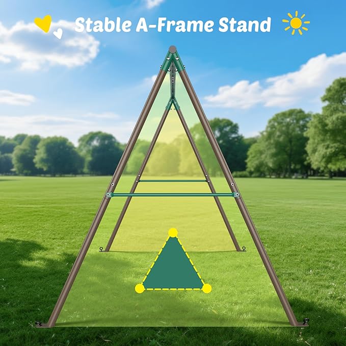 Trekassy 440lbs Swing Sets for Backyard - 2 Seat Outdoor Kids Playset with Saucer & Belt Swing, Heavy-Duty A-Frame Metal Stand for Backyard Playground - Green and Brown (Patented)