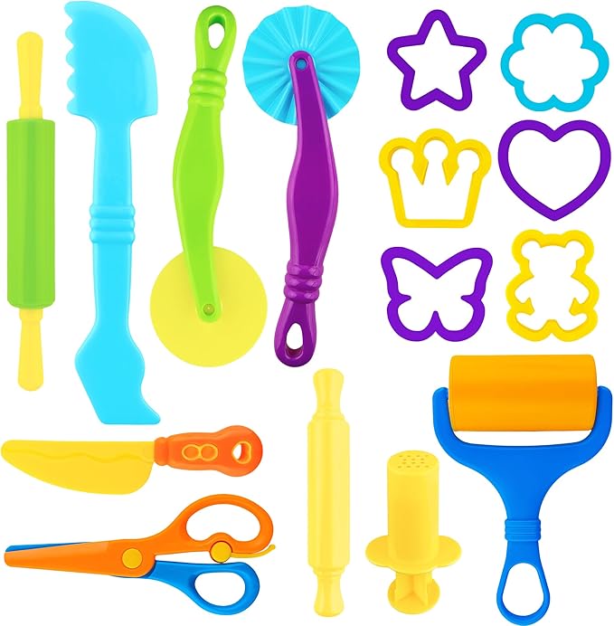 Dough Tools 15pcs Dough Tools Play for Kids Clay Accessories with Rolling Pins,Cutters,Roller,Safety Scissors,Plastic Knife