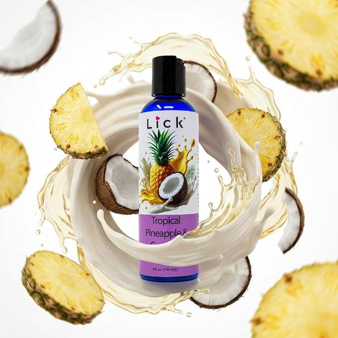 Lick Tropical Pineapple and Coconut Massage Oil with Vitamin E - Edible Body Oil for Couples Massage - Sweet Almond and Coconut Oil Blend - Smooth Long-Lasting Glide for Men and Women - 4 oz
