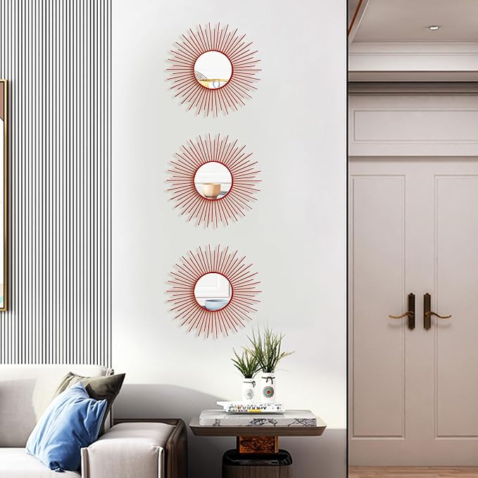 3 Pack Metal Mirrors for Wall Sunburst Wall Mirrors Home Décor Decorative Hanging Wall Art for Living Room Bedroom Entryway (Red, Sunburst)