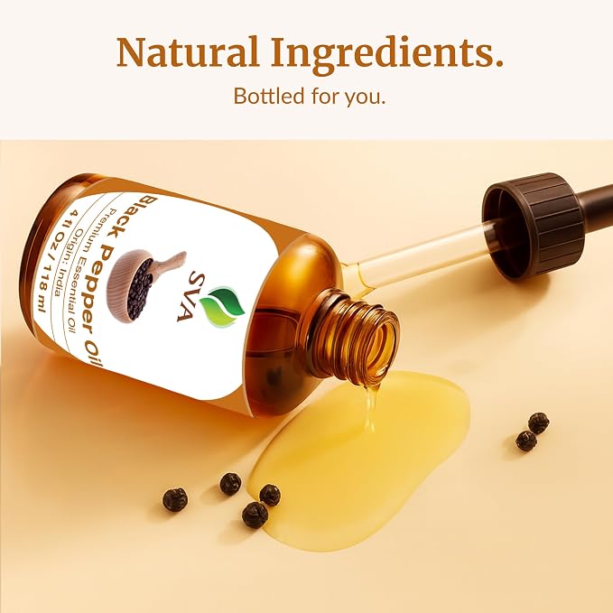 SVA Black Pepper Essential Oil 4 Fl Oz – for Diffuser, Skin & Hair Care – Ideal for Massage & DIY Blends - with Dropper