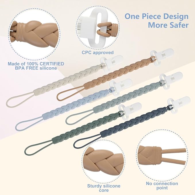6-Pack Silicone Pacifier Clips with a Woven Rope Shape for Baby Boys and Girls - Flexible and Rust-Free Holders for Teething Relief and Baby Essentials, Safe for Newborns (Grey)