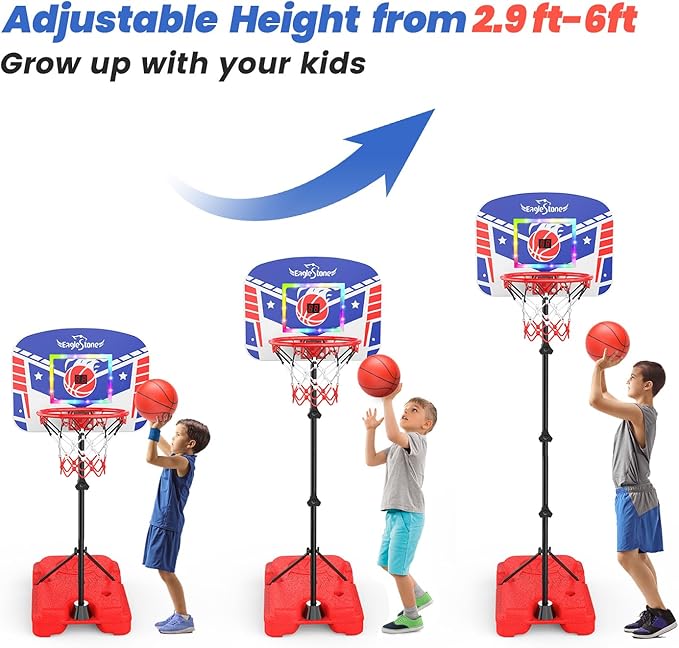 Eaglestone Kid Basketball Hoop Indoor with LED Lights & Scoreboard,Toddler Basketball Hoop Adjustable Height 2.9ft-6ft, Mini Hoop Outdoor with 3 Balls,Basketball Toy Gifts for 3-12 Year Old Boys Girls