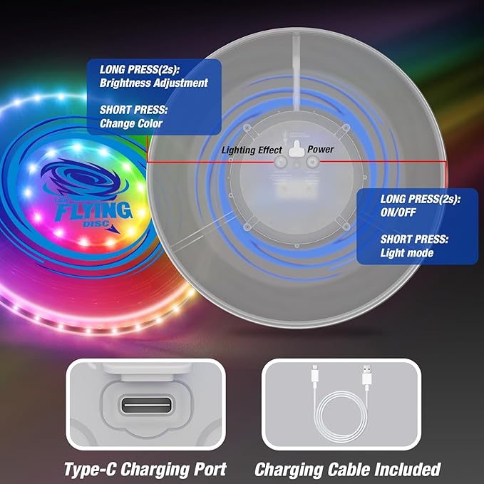 HYES 2 Pack Light up Flying Discs for Kids, Rechargeable Disc with 45 LEDs, 14 Lighting Modes(10")&Built-in Battery Disc(7.8"), Glow in The Dark Ring for Beach/Camping/Outdoor Sport